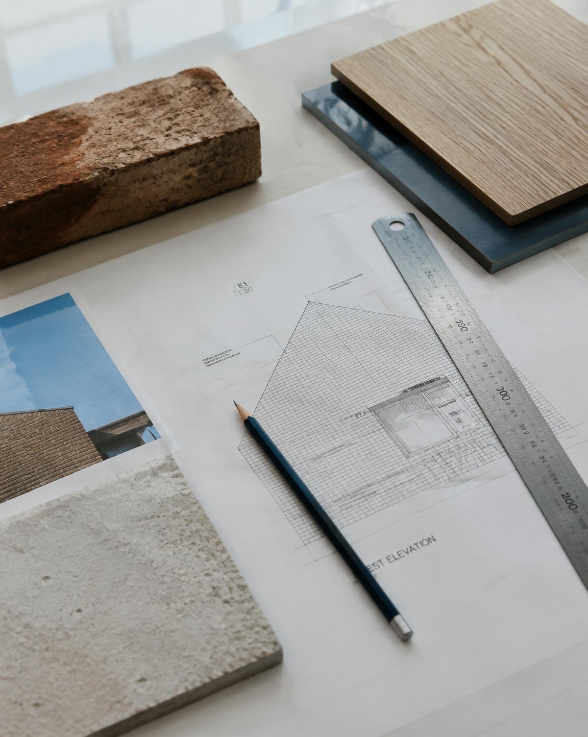 Architectural drawings with brick, stone and oak material samples