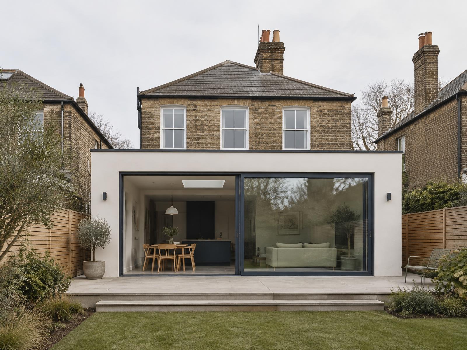 Contemporary rear extension with large glazed doors opening onto a garden